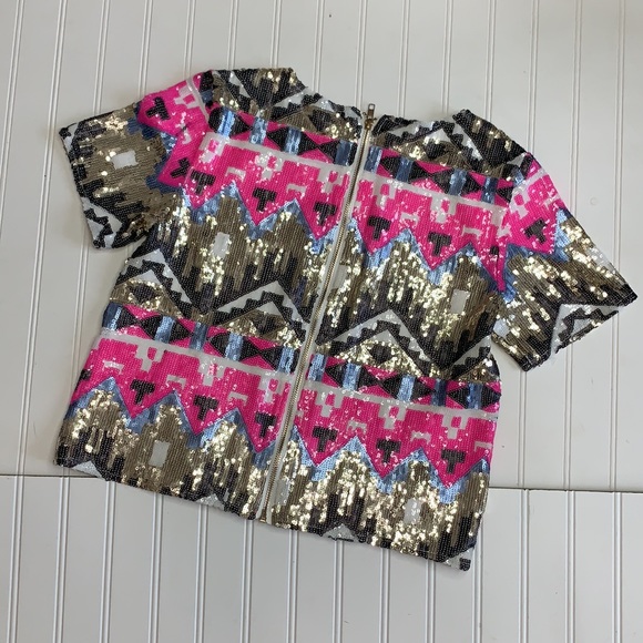 Tea & Cup Sz S Zip Sequin Aztec Tribal Zip Back Top Blouse Bling - Picture 5 of 6